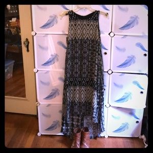 Karen Kane Aztec Print Dress; sheer hi lo hem